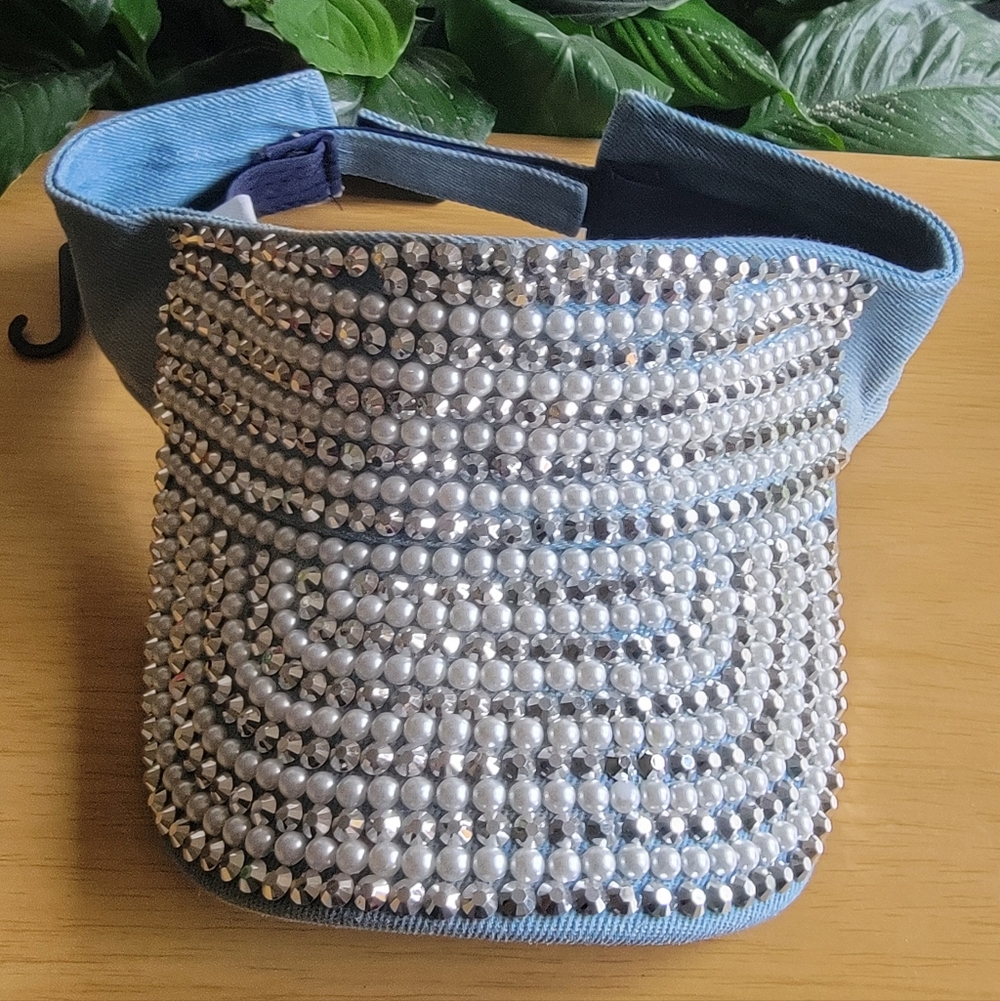 Embellished Light Blue Visor with Silver Beading